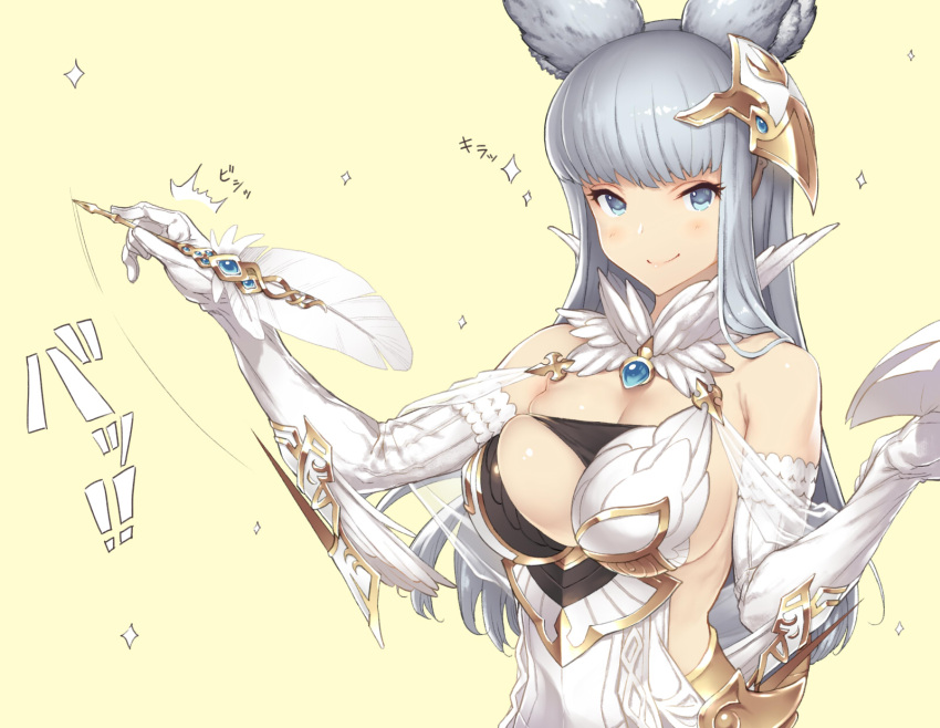 1girl animal_ears blue_eyes breasts cleavage dress elbow_gloves erun_(granblue_fantasy) gloves granblue_fantasy headpiece highres korwa large_breasts looking_at_viewer quill silver_hair simple_background skindentation smile solo sparkle white_dress white_gloves yellow_background yn_red