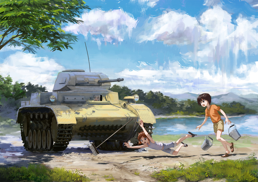 3girls arms_up bare_arms bare_shoulders blue_shorts blue_sky brown_eyes brown_hair bucket cleaning_brush clouds cloudy_sky collarbone day falling forest full_body girls_und_panzer grass green_eyes green_shorts ground_vehicle highres itsumi_erika lake military military_vehicle motor_vehicle mountain multiple_girls nature nishizumi_maho nishizumi_miho open_mouth outdoors panzerkampfwagen_ii plant scenery shirt short_hair short_sleeves shorts sky sleeveless slippers tank tank_top traditional_media tree treeware tripping water white_hair