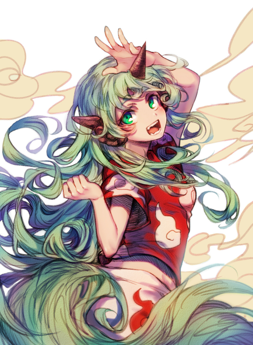 1girl animal_ears bangs cloud_print collared_shirt curly_hair green_eyes green_hair highres horn komano_aunn long_hair looking_at_viewer midriff open_mouth red_shirt shirt short_sleeves simple_background smile solo teeth tongue touhou very_long_hair white_background yudaoshan