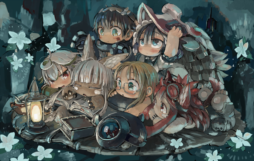 1boy 5girls adjusting_headwear black_hair blonde_hair blue_eyes blush book character_request closed_eyes ebimomo glasses green_eyes ladle looking_at_another looking_up lying made_in_abyss mining_helmet multiple_girls on_stomach open_mouth pot red_eyes redhead short_hair silver_hair sleeping smile