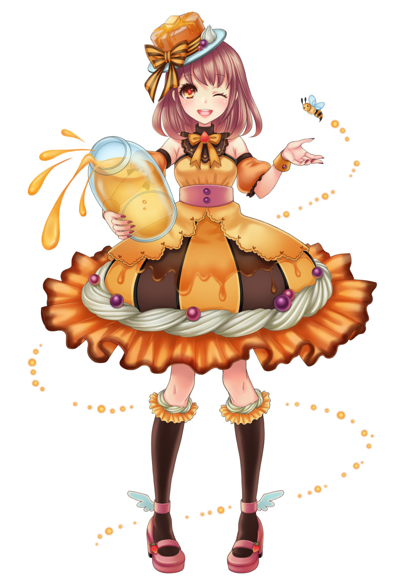 1girl ;d absurdres anklet bee bow brown_hair brown_legwear butter dress food food_themed_clothes frilled_dress frills fruit hat hat_bow highres honey jewelry kneehighs looking_at_viewer morinaga_(brand) nahori nail_polish one_eye_closed open_mouth pancake personification pink_shoes red_nails shoes smile solo standing strawberry striped striped_bow whipped_cream wrist_cuffs yellow_dress