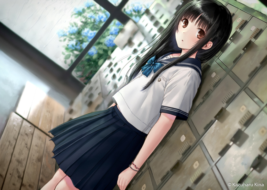 1girl :o artist_name bangs black_hair blue_bow blue_bowtie blue_flower blue_rose blue_sailor_collar blue_skirt blunt_bangs blurry bow bowtie breast_pocket brown_eyes collarbone cowboy_shot day depth_of_field dutch_angle eyebrows_visible_through_hair face flower from_side kazuharu_kina locker long_hair looking_at_viewer looking_to_the_side open_mouth original parted_lips pleated_skirt pocket rain rose sailor_collar school_uniform serafuku shirt shoe_lockers short_sleeves sidelocks skirt solo standing white_shirt wrist_straps