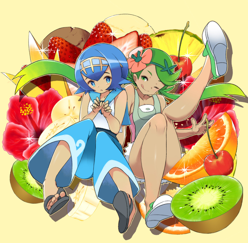 2girls ;q baggy_pants banana bare_shoulders blue_eyes blue_pants blue_sailor_collar blush cherry collarbone dark_skin flower food fruit green_eyes green_hair hair_flower hair_ornament hairband highres kiwifruit leg_up long_hair looking_at_viewer mallow_(pokemon) multiple_girls one_eye_closed orange overalls pants pokemon pokemon_(game) pokemon_sm sailor_collar sandals shiny shiny_hair short_hair shorts strawberry suiren_(pokemon) tm_(hanamakisan) tongue tongue_out yellow_background