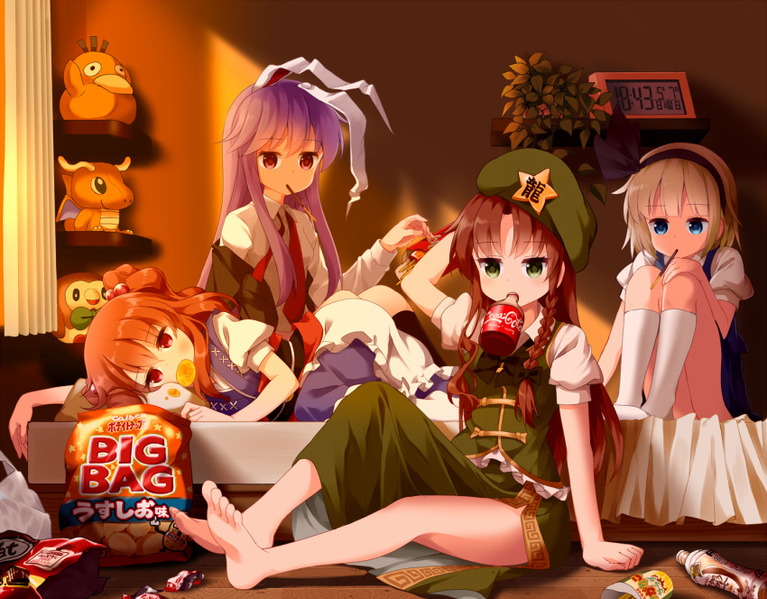 4girls animal_ears bag barefoot beret blinds blonde_hair blue_eyes bottle braid brown_hair character_doll charizard chips clock coca-cola food green_eyes hairband hat hong_meiling indoors konpaku_youmu long_hair lying mouth_hold multiple_girls necktie on_bed on_side onozuka_komachi plant plastic_bag pocky pokemon pokemon_(game) pokemon_sm potato_chips potted_plant psyduck rabbit_ears redhead reisen_udongein_inaba rowlet ruu_(tksymkw) short_hair sitting sitting_on_bed stuffed_animal stuffed_toy sunset touhou twin_braids two_side_up violet_eyes