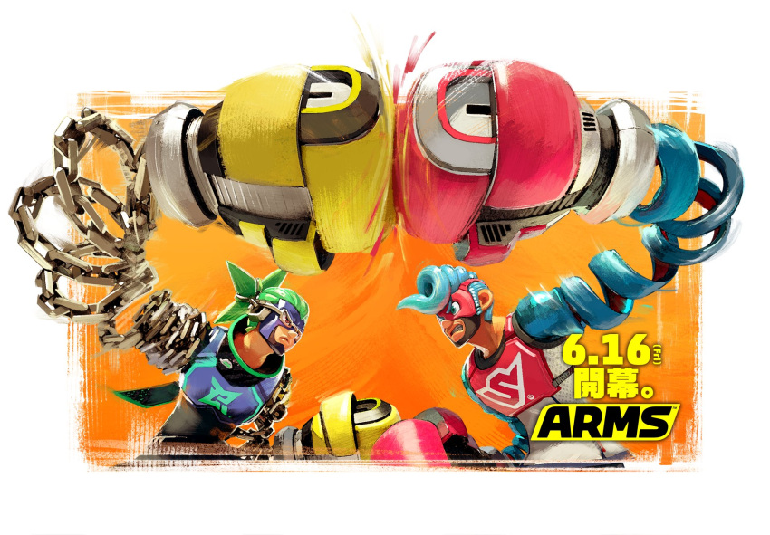 2boys android arms_(game) blue_hair boxing_gloves brown_eyes chains dated domino_mask green_hair highres logo male_focus mask multiple_boys ninjara_(arms) official_art orange_background pompadour ponytail punching simple_background spring_(object) spring_man_(arms) upper_body