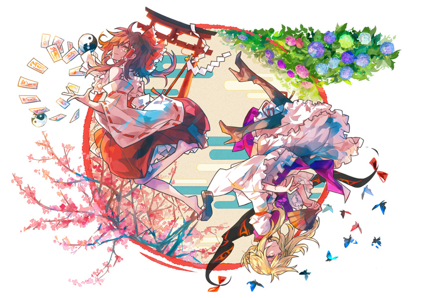 2girls alternate_eye_color alternate_hair_length alternate_hairstyle blonde_hair boots bow brown_hair butterfly cherry_blossoms detached_sleeves dress egasumi fan floating flower folding_fan frilled_dress frilled_shirt_collar frilled_sleeves frills gap gohei hair_bow hair_tubes hakurei_reimu hand_up high_heel_boots high_heels holding holding_fan hydrangea knee_boots levitation long_sleeves looking_at_viewer multiple_girls no_legwear open_hand pointy_nose red_skirt red_vest rekka ribbon-trimmed_sleeves ribbon_trim short_hair_with_long_locks skirt smile tabard talismans torii touhou upside-down vest white_dress wide_sleeves yakumo_yukari yin_yang zouri