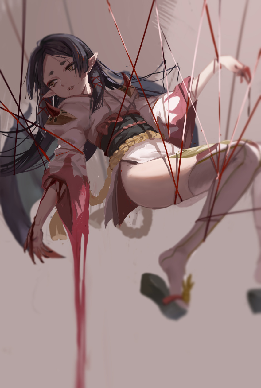 absurdres black_hair blood blood_drip blood_from_mouth blood_stain bloody_clothes bloody_hands blurry bound brown_eyes geta highres long_hair looking_to_the_side obi onmyoji pointy_ears sash sketch slit_pupils spaulders thigh-highs toyo_(s9654431) vampire white_legwear