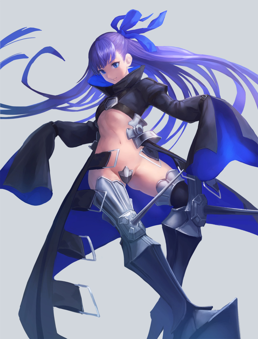 1girl armor armored_boots belt blue_eyes blue_ribbon boots coat crotch_plate fate/extra fate/extra_ccc fate_(series) hair_ribbon highres long_hair maebari meltlilith navel otsukemono purple_hair revealing_clothes ribbon sitting sleeves_past_wrists solo spikes very_long_hair