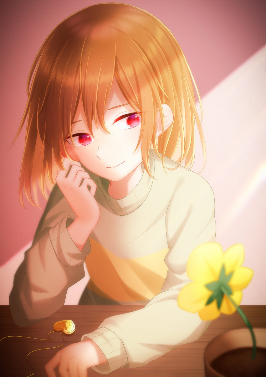 1other absurdres bangs brown_hair chara_(undertale) closed_mouth commentary_request flower green_sweater hair_between_eyes hand_on_own_face hand_up heart heart_necklace highres indoors jewelry long_sleeves looking_to_the_side necklace plant potted_plant puffy_long_sleeves puffy_sleeves red_eyes shadow short_hair single_stripe smile sunlight sweater table undertale wall yellow_flower yuupontan.