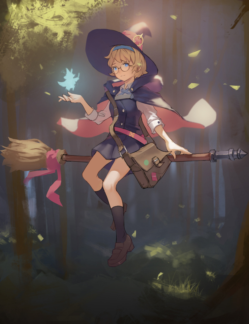 1girl bag blue_eyes broom cloak doren fairy forest glasses hairband hat highres little_witch_academia lotte_jansson nature orange_hair satchel school_uniform shoes short_hair skirt socks solo witch witch_hat