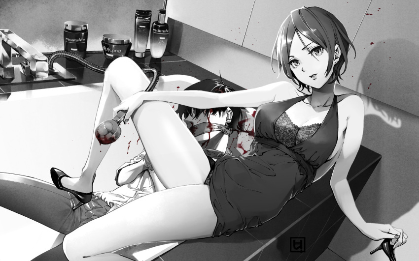 1girl bangs bare_arms bare_shoulders bathtub blood blood_on_face blood_stain breasts cleavage collarbone dress gag greyscale hayami_kanade idolmaster idolmaster_cinderella_girls improvised_gag looking_at_viewer medium_breasts monochrome parted_bangs parted_lips producer_(idolmaster_cinderella_girls_anime) restrained shoes_removed short_dress short_hair shower_head smile solo usui_ryuu