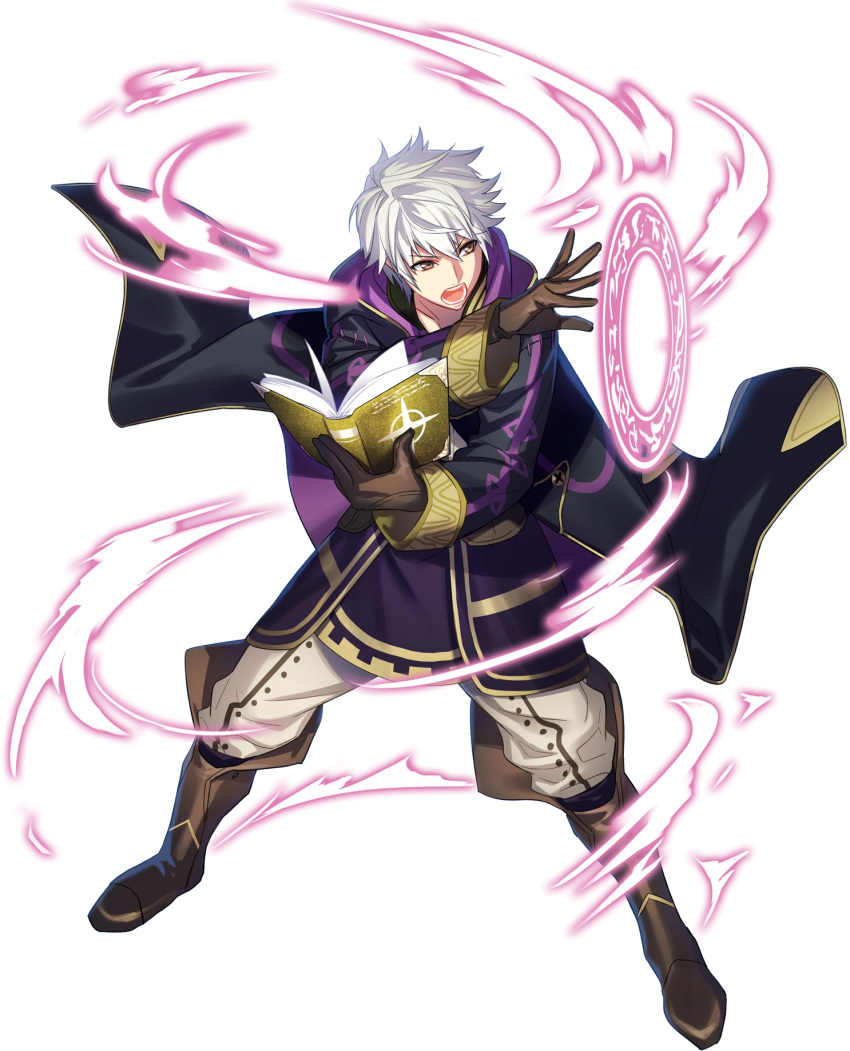 1boy book cape fire_emblem fire_emblem:_kakusei fire_emblem_heroes fujiwara_ryo full_body gloves highres hood magic magic_circle male_my_unit_(fire_emblem:_kakusei) my_unit_(fire_emblem:_kakusei) official_art short_hair solo white_hair yellow_eyes