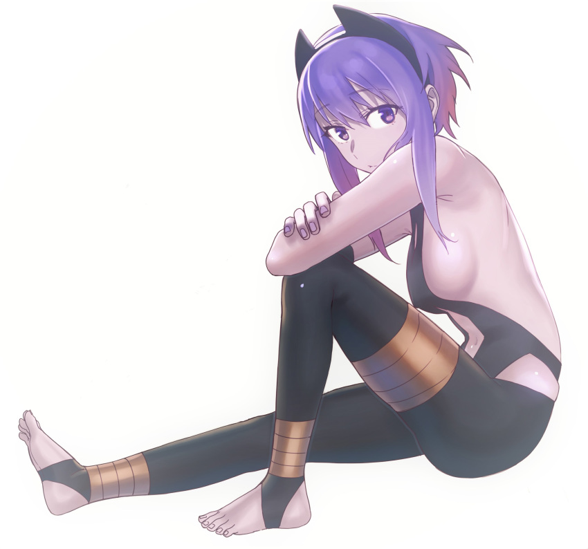 1girl absurdres assassin_(fate/prototype_fragments) barefoot breasts dark_skin erect_nipples fate/prototype fate/prototype:_fragments_of_blue_and_silver fate_(series) feet full_body hairband highres looking_at_viewer medium_breasts navel purple_hair shikuro_(masax1107) short_hair sideboob simple_background sitting solo toeless_legwear toes violet_eyes white_background