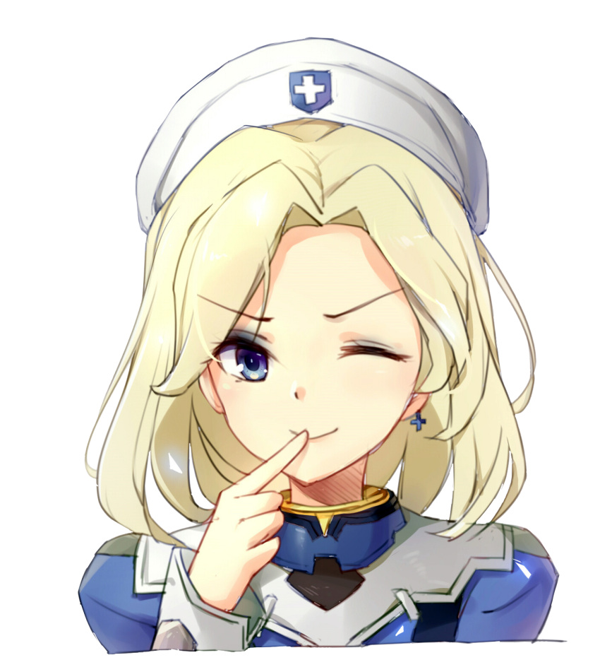 &gt;;) 1girl blonde_hair blue_eyes blush bodysuit combat_medic_ziegler commentary_request cross cross_earrings cross_print earrings eyebrows_visible_through_hair eyeshadow finger_to_mouth hamster_(hanmster) hat highres jewelry long_sleeves makeup mercy_(overwatch) nurse_cap overwatch shiny shiny_hair short_hair simple_background single_earring sketch smile solo upper_body white_background