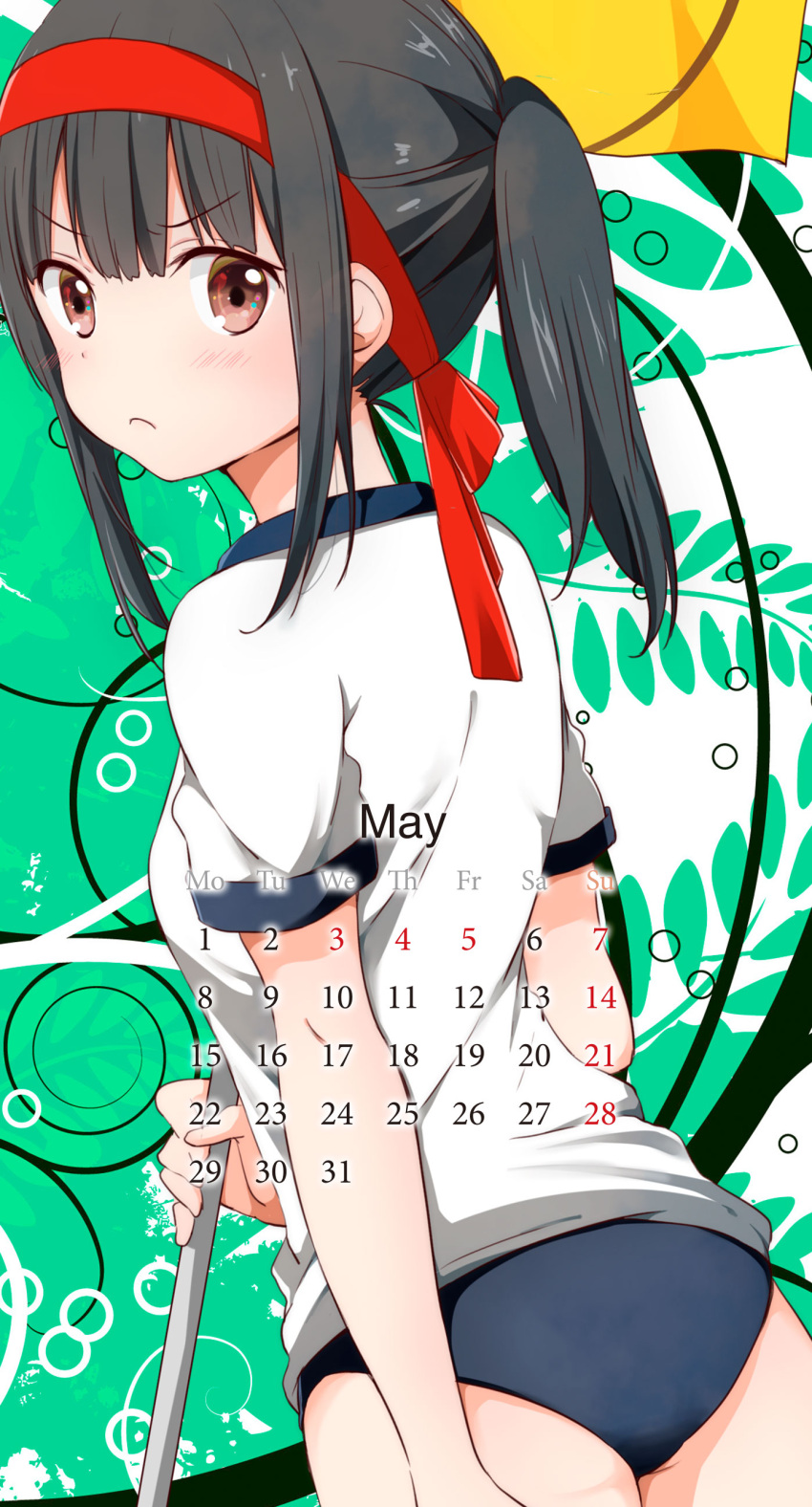 &gt;:( 1girl absurdres ass bangs black_hair blush brown_eyes buruma calendar chijou_noko chikanoko closed_mouth eyebrows_visible_through_hair frown headband highres holding_flag long_hair looking_at_viewer looking_back original ponytail ragho_no_erika school_uniform shirt short_sleeves sidelocks solo white_shirt