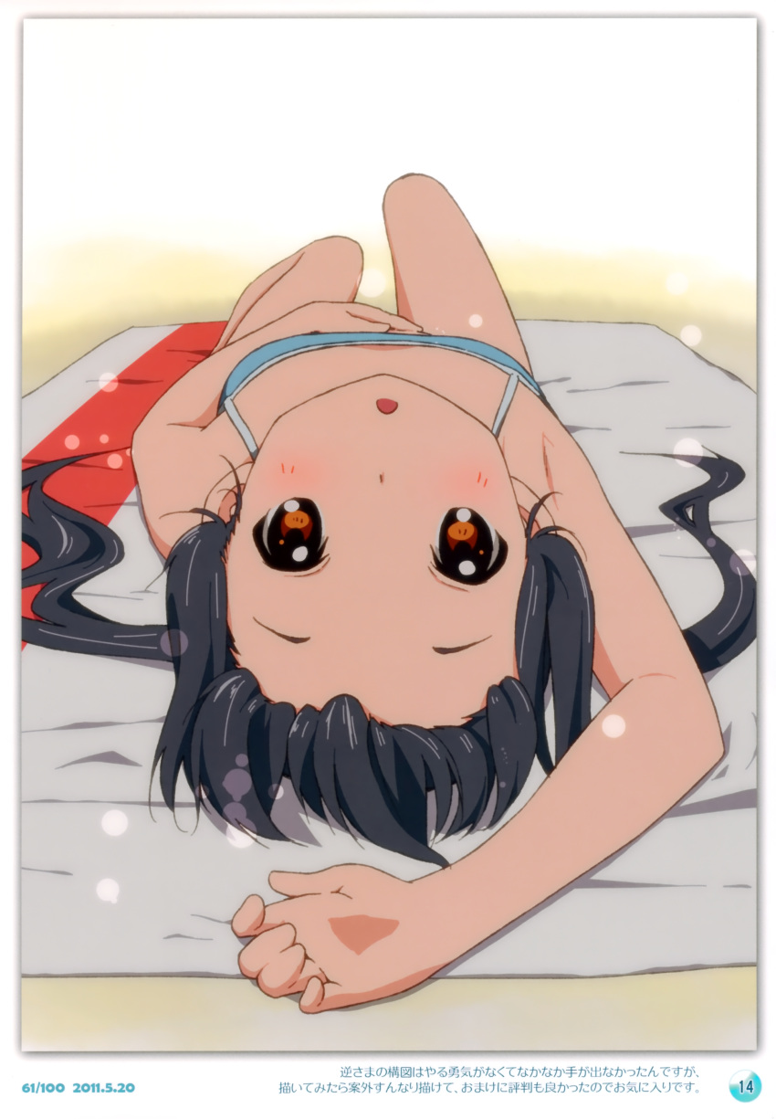 1girl 2011 :o absurdres armpits black_hair blush brown_eyes dated errant forehead highres k-on! long_hair looking_at_viewer lying nakano_azusa on_back open_mouth solo swimsuit twintails upside-down