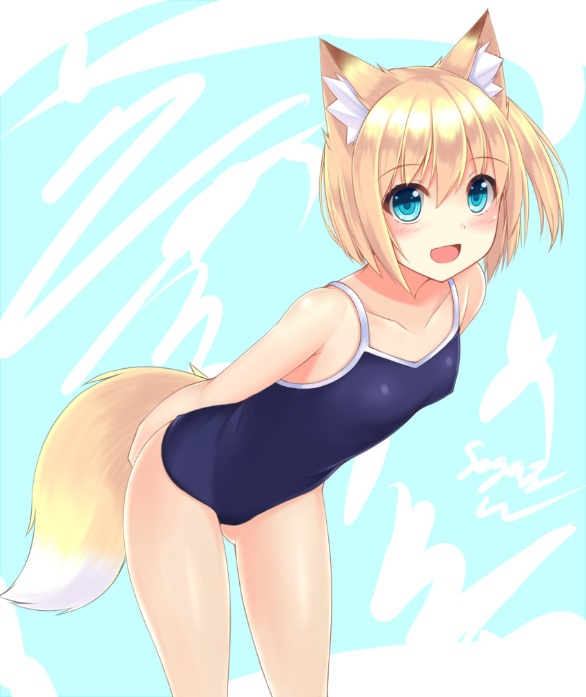 1girl animal_ears aqua_eyes artist_name blonde_hair blue_background blue_eyes eyebrows_visible_through_hair fox_ears fox_tail highres looking_at_viewer one-piece_swimsuit open_mouth original short_hair smile sogaya solo swimsuit tail