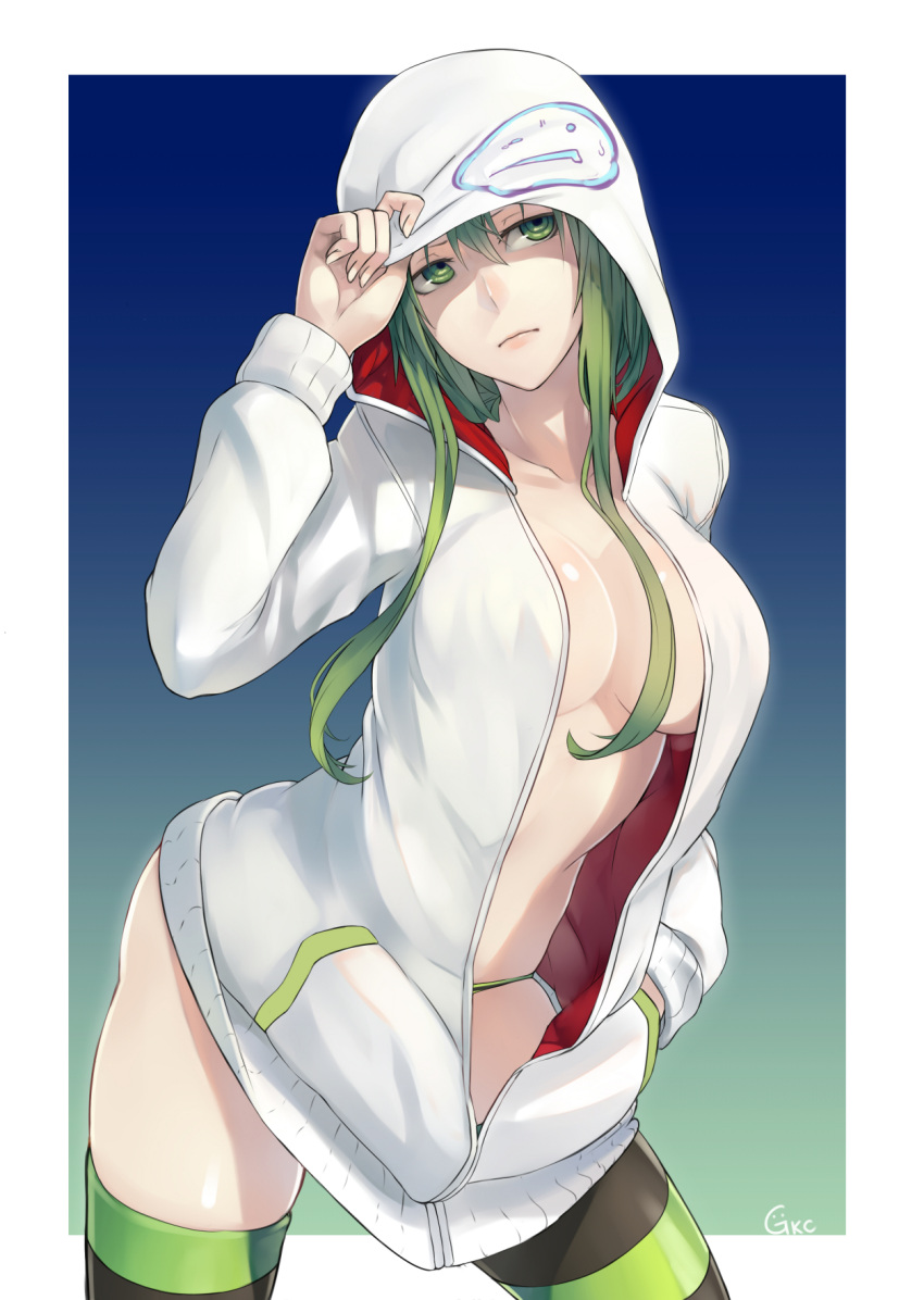 1girl breasts cleavage contrapposto cowboy_shot green_eyes green_hair hair_over_breasts hand_in_pocket highres hood hoodie jacket jikeshi large_breasts long_hair looking_away open_clothes open_jacket original panties sidelocks solo striped striped_legwear striped_panties thigh-highs underwear unzipped