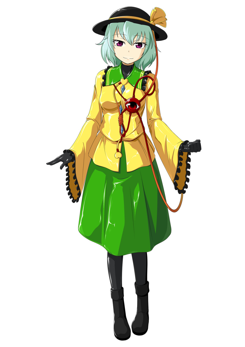 1girl alternate_costume alternate_hair_color bodysuit boots cosplay dress eyebrows_visible_through_hair frills full_body green_hair hat highres komeiji_koishi komeiji_koishi_(cosplay) komeiji_satori latex latex_dress latex_gloves latex_suit shiny shiny_clothes skin_tight smile tamakko third_eye touhou violet_eyes white_background