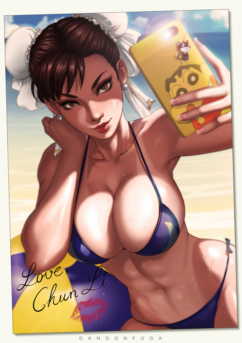 1girl abs absurdres artist_name bangs bare_shoulders beach bikini blue_bikini blue_sky breasts brown_eyes brown_hair bun_cover cameo cellphone cellphone_charm character_name chun-li cleavage clouds cloudy_sky collarbone crayon_shin-chan dandon_fuga day double_bun earrings erect_nipples eyelashes eyeliner eyeshadow fingernails glint groin hand_on_own_cheek hand_on_own_face hands_up highres holding holding_cellphone holding_phone jewelry large_breasts leaning_to_the_side lens_flare light_smile lips lipstick_mark long_fingernails makeup mascara midriff morgana_(persona_5) muscle navel nose ocean one-piece_tan outdoors patreon_reward persona persona_5 phone pink_lips self_shot shin-chan short_hair side-tie_bikini sitting sky smartphone stomach strap_gap street_fighter string_bikini sweat swimsuit taking_picture tan tanline toned water