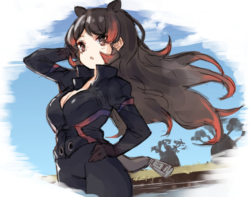 1girl :o animal_ears arm_up baobab black_legwear black_shirt blue_sky blush breasts brown_eyes brown_gloves brown_hair cleavage clouds day dutch_angle extra_ears eyebrows_visible_through_hair floating_hair gloves grass hand_behind_head hand_in_hair hand_on_hip hippopotamus_(kemono_friends) hippopotamus_ears juliet_sleeves kemono_friends large_breasts leggings long_hair long_sleeves looking_away multicolored_hair nuqura open_mouth outdoors partially_submerged popped_collar puffy_sleeves redhead river savannah shirt sky solo tree triangle_mouth tsurime two-tone_hair water wavy_hair wind