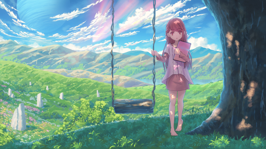 1girl barefoot brown_eyes brown_hair clouds cloudy_sky fateline_alpha full_body highres landscape long_hair looking_at_viewer open_mouth planet rin_(shelter) scenery shelter_(music_video) sky solo standing swing tablet tree