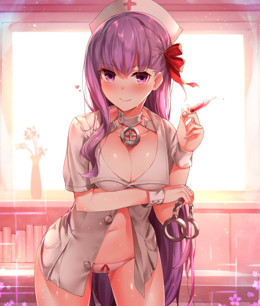 1girl bangs bb_(fate/extra_ccc) blush bow bow_panties breast_hold breasts buttons cleavage closed_mouth collarbone cowboy_shot cross cross_necklace cuffs detached_collar eyebrows_visible_through_hair fate/extra fate/extra_ccc fate_(series) fingernails flower flower_pot glasses hair_ornament hair_ribbon handcuffs hat heart highres indoors jewelry kaerunoko large_breasts legs_apart long_fingernails long_hair looking_at_viewer midriff navel necklace nurse nurse_cap open_clothes panties petals pink_lips purple_hair red_bow red_ribbon ribbon shiny shiny_skin shirt side_ribbon solo standing stomach sweat syringe unbuttoned unbuttoned_shirt underwear very_long_hair violet_eyes white_panties white_shirt wrist_cuffs