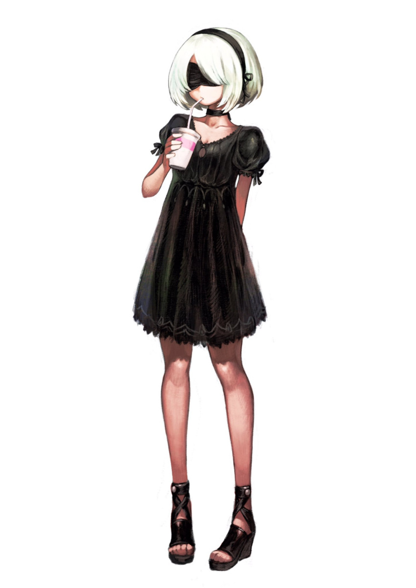 1girl ankle_lace-up arm_behind_back black_dress black_hairband blindfold blush breasts cleavage collarbone covered_eyes cross-laced_footwear cup dress drinking drinking_straw facing_viewer full_body hairband high_heels highres jun_(seojh1029) neck_ribbon nier_(series) nier_automata open_toe_shoes puffy_short_sleeves puffy_sleeves ribbon shoes short_hair short_sleeves silver_hair simple_background solo white_background yorha_no._2_type_b