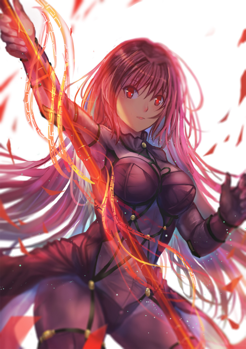 1girl armor bodysuit breasts covered_navel fate/grand_order fate_(series) gae_bolg highres holding holding_weapon large_breasts long_hair looking_at_viewer parted_lips polearm purple_bodysuit purple_hair red_eyes scathach_(fate/grand_order) shoulder_armor solo spear very_long_hair weapon yougen_kitsune