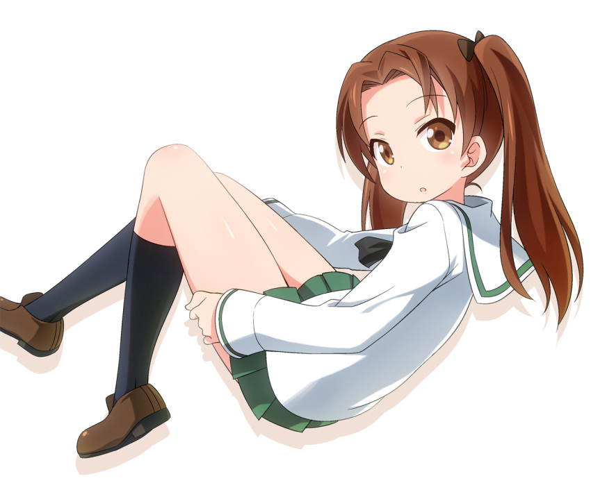 10s 1girl bangs black_legwear black_neckerchief black_ribbon blouse brown_eyes brown_hair brown_shoes from_side full_body girls_und_panzer green_skirt hair_ribbon kadotani_anzu loafers long_hair long_sleeves looking_at_viewer looking_back lying miniskirt neckerchief on_back ooarai_school_uniform parted_bangs parted_lips pleated_skirt ribbon school_uniform serafuku shoes simple_background skirt socks solo twintails umekichi white_background white_blouse