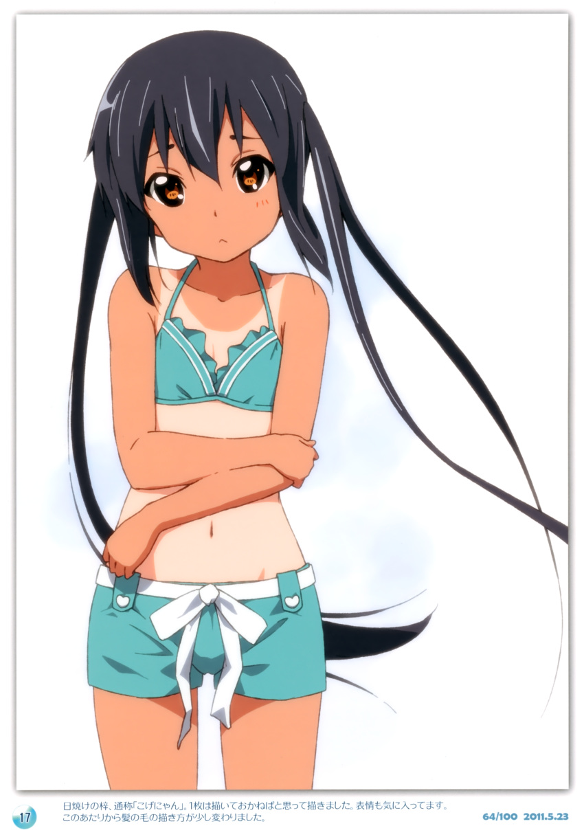 1girl :&lt; absurdres black_hair blush brown_eyes dark_skin dated errant highres k-on! long_hair looking_at_viewer nakano_azusa navel solo tan tanline twintails