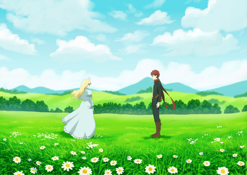 1boy 1girl boots brown_boots commentary_request dress emiya_shirou fate/stay_night fate_(series) fateline_alpha field flower green_eyes hair_down landscape long_hair profile redhead saber scarf scenery short_hair white_dress