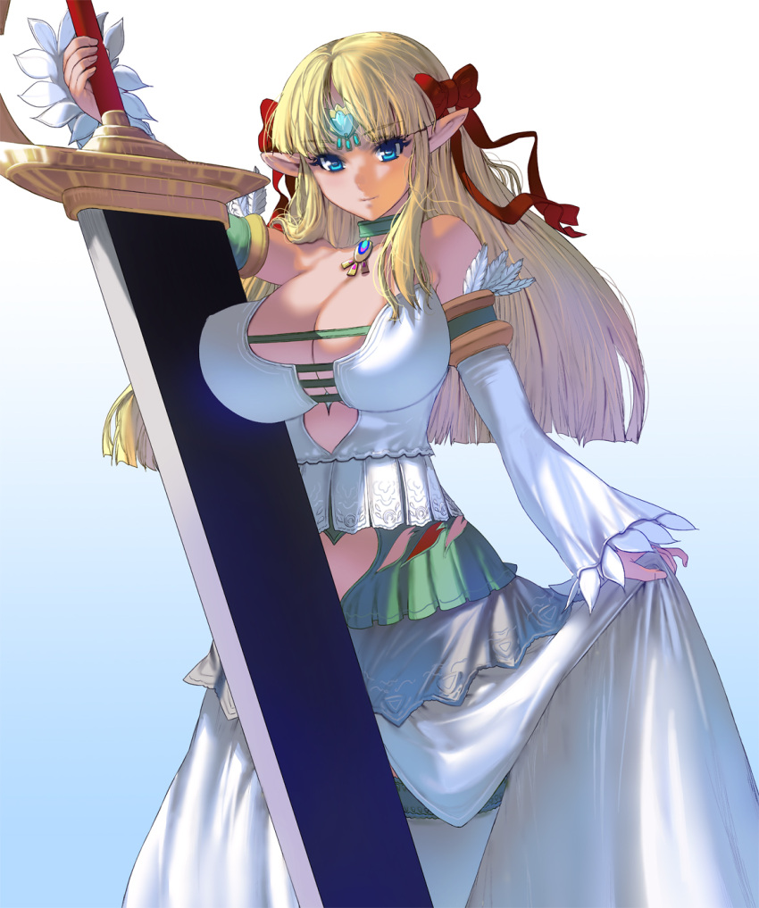 1girl blonde_hair blue_eyes breasts circlet cleavage dark_skin detached_sleeves hair_ribbon highres holding holding_sword holding_weapon large_breasts long_hair looking_at_viewer masao original pointy_ears smile solo standing sword thigh-highs weapon white_legwear