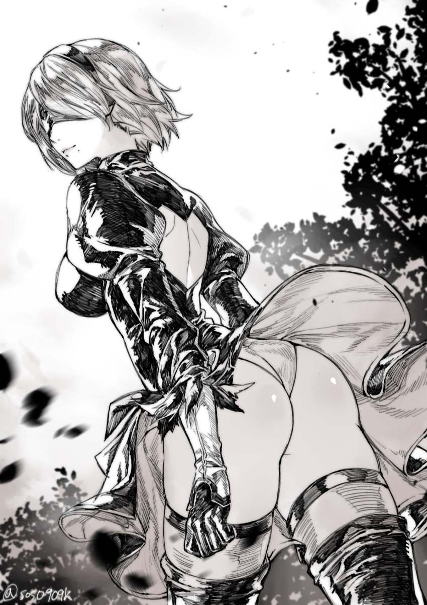 1girl :/ ass black_joa blindfold blurry breasts closed_mouth day depth_of_field dutch_angle from_behind highres large_breasts looking_to_the_side mole mole_under_mouth monochrome nier_(series) nier_automata outdoors short_hair skirt solo thigh-highs twitter_username wedgie wind yorha_no._2_type_b