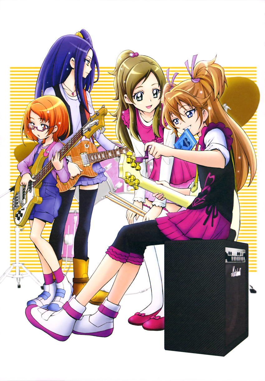 4girls absurdres black_legwear black_pants black_shorts blue_eyes blue_hair brown_hair collarbone glasses green_eyes grin guitar hair_between_eyes hair_bobbles hair_ornament hair_ribbon hands_on_own_knees highres holding_instrument houjou_hibiki instrument jewelry kamikita_futago kurokawa_eren layered_skirt leaning_forward long_hair minamino_kanade miniskirt mouth_hold multiple_girls necklace pants pants_under_dress parted_lips pink_skirt precure purple_ribbon purple_shirt purple_skirt red_eyes ribbon shirabe_ako shirt short_sleeves shorts side_ponytail simple_background sitting skirt smile standing suite_precure suspender_shorts suspenders thigh-highs two_side_up white_background zettai_ryouiki