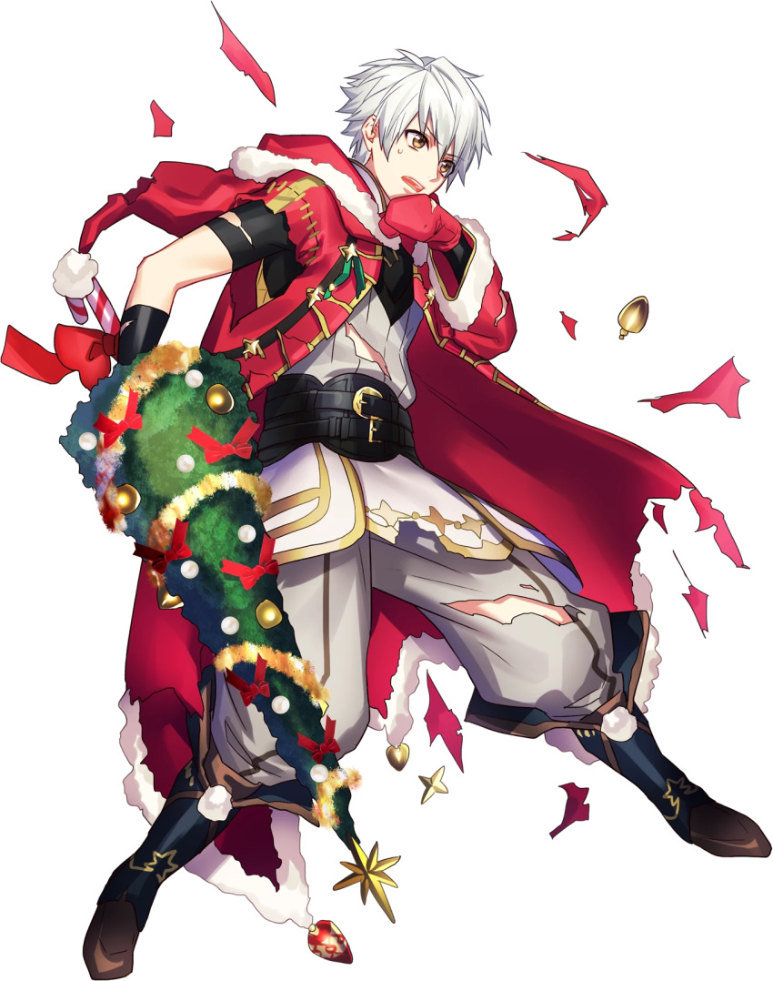 1boy cape christmas christmas_tree fire_emblem fire_emblem:_kakusei fire_emblem_heroes full_body gloves highres hood male_focus male_my_unit_(fire_emblem:_kakusei) my_unit_(fire_emblem:_kakusei) short_hair solo torn_clothes yellow_eyes