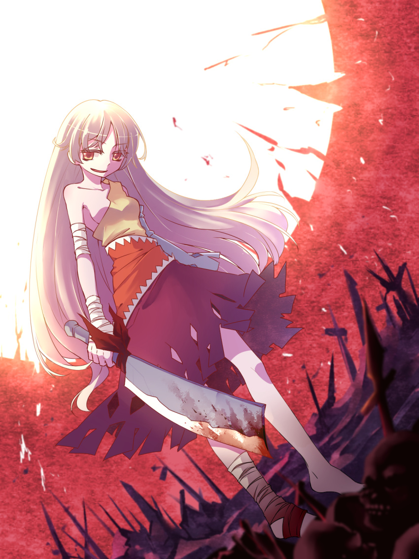 1girl bandaged_arm battlefield blood broken_moon hidden_star_in_four_seasons highres ko_kita machete moon red_eyes red_sky ribbon sakata_nemuno silver_hair skull sky smile solo sword touhou weapon