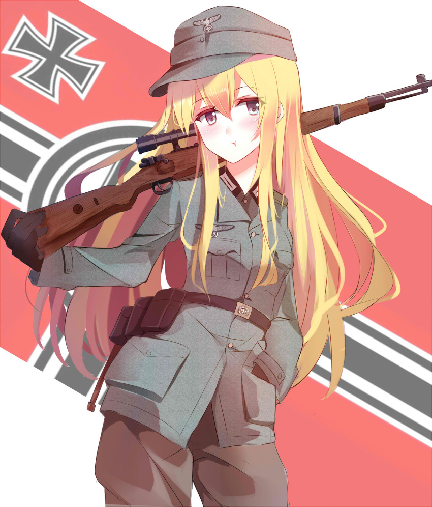 1girl :t absurdres belt blonde_hair blue_eyes blush bolt_action cowboy_shot explosive flag_background gloves grenade gun hand_in_pocket highres iron_cross mauser_98 nazi_war_ensign original pout rifle shiguru sniper_rifle solo stielhandgranate swastika weapon world_war_ii