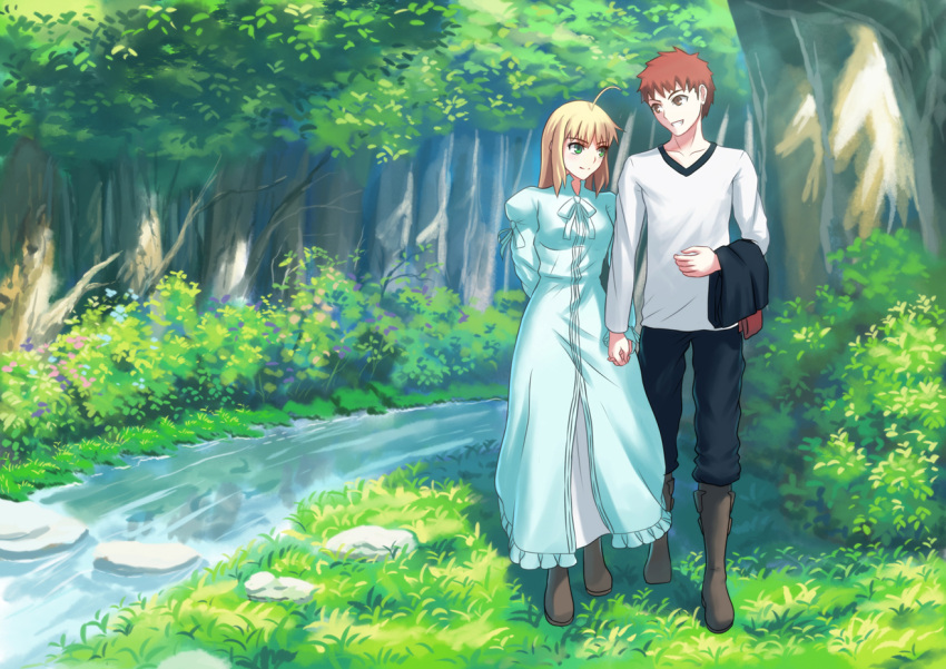 1boy 1girl :d blue_dress boots brown_boots brown_eyes commentary dress emiya_shirou fate/stay_night fate_(series) fateline_alpha grass green_eyes grin hand_holding long_sleeves open_mouth pants saber shirt smile stream tree