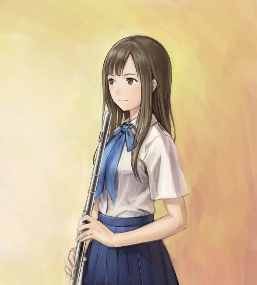 1girl anbe_yoshirou blue_skirt brown_eyes brown_hair closed_mouth collared_shirt flute highres holding_instrument instrument long_sleeves pleated_skirt shirt shirt_tucked_in short_sleeves skirt smile solo tan_background white_shirt wing_collar