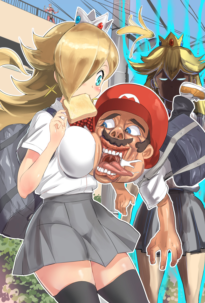 1boy 2girls angry aura bag banana_peel between_breasts black_legwear blonde_hair blue_eyes blush breast_press breasts contemporary crown drooling earrings facial_hair food food_in_mouth hair_over_one_eye hat head_between_breasts highres in_the_court_of_the_crimson_king jewelry jojo_no_kimyou_na_bouken king_crimson_(stand) large_breasts long_hair mario super_mario_bros. mouth_hold multiple_girls mushi_gyouza mustache open_mouth parody princess_peach resized rosetta_(mario) saliva school_bag school_uniform skirt super_mario_bros. thigh-highs toast toast_in_mouth tongue tongue_out
