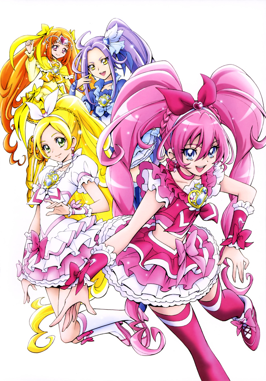 4girls :d absurdres blonde_hair blue_boots blue_eyes boots bow choker collarbone cure_beat cure_melody cure_muse_(yellow) cure_rhythm earrings green_eyes hair_between_eyes hair_bow hair_ribbon hairband heart heart_earrings high_ponytail highres jewelry kamikita_futago knee_boots kneehighs layered_skirt long_hair magical_girl midriff miniskirt multiple_girls open_mouth orange_hair pink_eyes pink_hair precure purple_hair purple_ribbon red_legwear red_ribbon ribbon ribbon_choker short_sleeves side_ponytail simple_background skirt smile suite_precure thigh-highs twintails very_long_hair white_background white_hairband white_legwear white_ribbon wrist_cuffs yellow_boots yellow_bow yellow_eyes yellow_ribbon yellow_skirt zettai_ryouiki