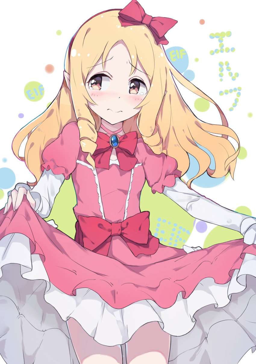 1girl absurdres blonde_hair bow brown_eyes closed_mouth dress dress_lift embarrassed eromanga_sensei hair_bow highres long_hair looking_to_the_side pantie_painting pink_dress pointy_ears red_bow solo tears wavy_mouth yamada_elf