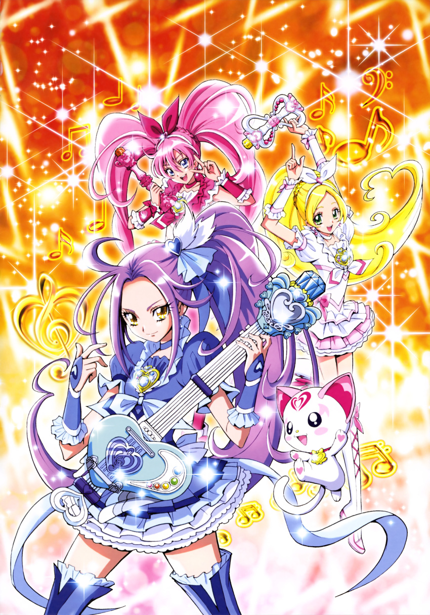 3girls :d absurdres arms_up blonde_hair blue_boots blue_eyes blue_ribbon boots bow bridal_gauntlets cat choker cure_beat cure_melody cure_rhythm earrings floating_hair green_eyes guitar hair_bow hair_ribbon heart heart_earrings high_ponytail highres holding holding_instrument index_finger_raised instrument jewelry kamikita_futago knee_boots layered_skirt long_hair looking_at_viewer magical_girl multiple_girls open_mouth pink_hair pink_skirt precure purple_hair red_ribbon ribbon ribbon_choker short_sleeves side_ponytail skirt sleeveless smile standing suite_precure thigh-highs thigh_boots twintails v very_long_hair white_boots white_ribbon wrist_cuffs yellow_eyes