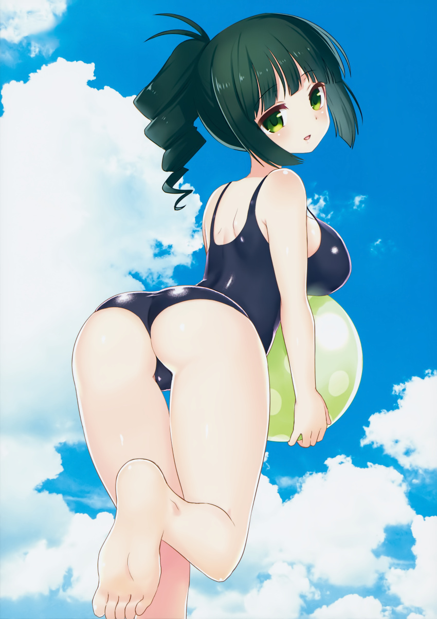 1girl absurdres arched_back ass ball barefoot beachball blue_sky blue_swimsuit blush breasts clouds drill_hair eyebrows_visible_through_hair feet from_behind green_eyes green_hair highres kiyoshi_saya large_breasts long_hair looking_at_viewer looking_back one-piece_swimsuit open_mouth outdoors ponytail saki shiny shiny_clothes shiny_hair shiny_skin shoulder_blades sky smile solo swimsuit takimi_haru