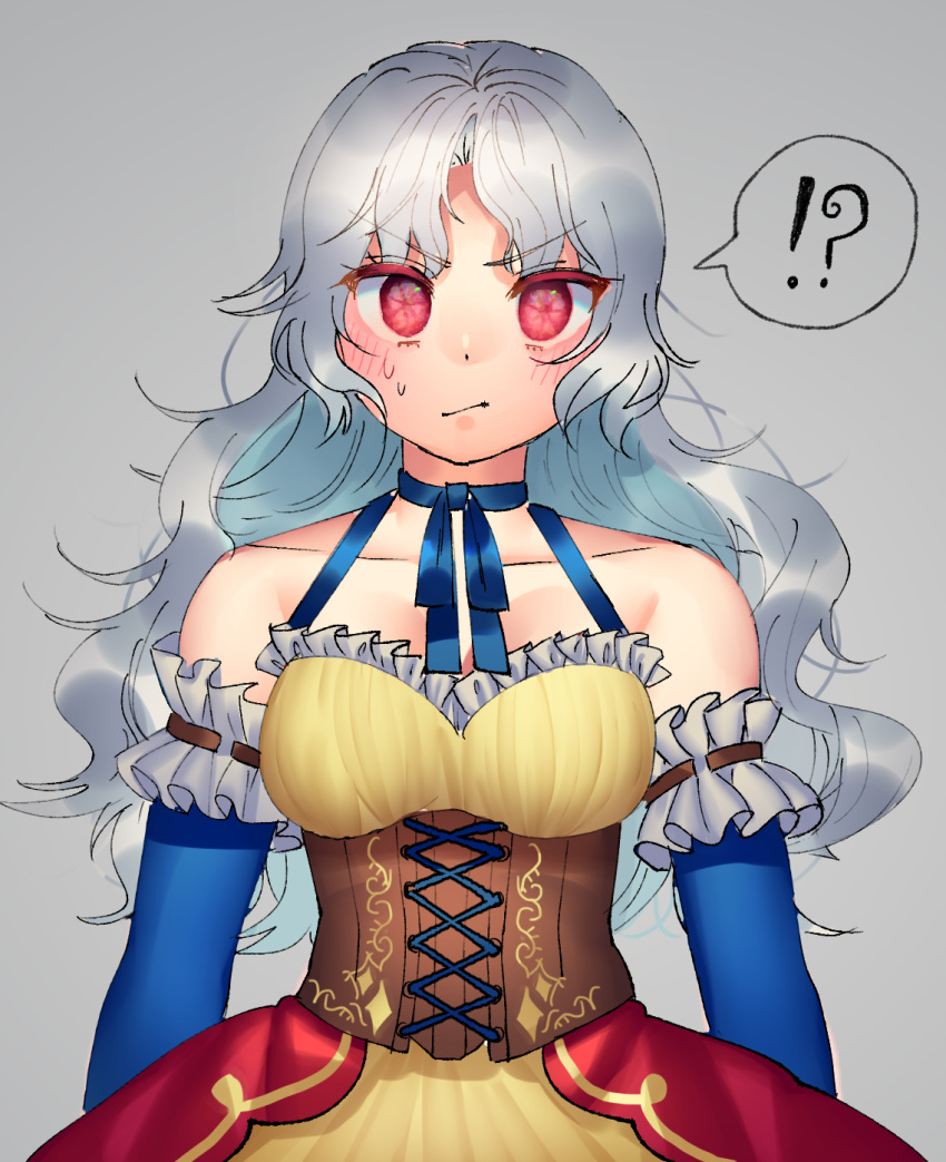 1girl alternate_costume bare_shoulders blush breasts collarbone corset dress elbow_gloves gloves highres kanou_(natsuno0223) long_hair medium_breasts red_eyes sakata_nemuno silver_hair touhou underbust wavy_hair yellow_dress