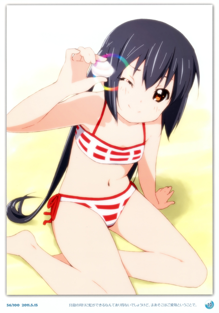 1girl absurdres black_hair blush brown_eyes errant highres k-on! long_hair looking_at_viewer nakano_azusa navel one_eye_closed seashell shell sitting smile solo twintails