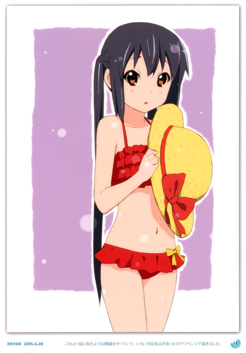 absurdres bikini bikini_bottom bikini_top black_hair blush bow brown_eyes dated errant hat hat_removed headwear_removed highres k-on! long_hair looking_at_viewer nakano_azusa navel open_mouth purple_background red_bikini red_bikini_bottom red_bikini_top red_bow ribbon sun_hat swimsuit twintails yellow_bow yellow_ribbon
