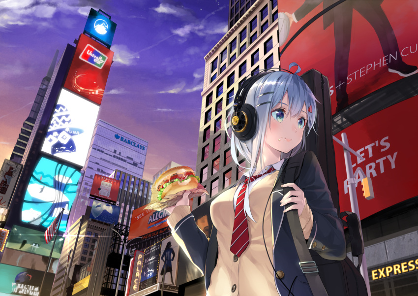1girl ahoge american_flag behind_back billboard black_coat blue_eyes blue_hair blue_sky breasts brown_jacket building buttons city closed_mouth clouds coat collared_shirt commentary_request day eating food food_on_face from_below guitar_case hair_ornament hairclip hamburger headphones highres holding holding_food instrument_case lips long_hair long_sleeves looking_to_the_side medium_breasts meso-meso necktie open_clothes open_coat original outdoors over_shoulder reflection salad school_uniform shirt sky skyscraper sleeves_past_wrists smile solo striped striped_necktie tareme traffic_light upper_body white_shirt wing_collar wrapper