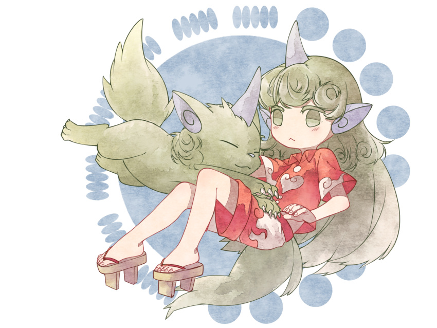 1girl :&lt; ^_^ abstract_background animal_ears arm_at_side blue_background blush claws closed_eyes closed_mouth collared_shirt colored_eyelashes curly_hair dog_ears dog_tail expressionless eyelashes fingernails floating full_body geta glomp green_hair heart highres horn hug ko_kita komainu komano_aunn long_hair looking_at_another multicolored multicolored_background no_nose red_shirt red_shorts sandals shirt short_sleeves shorts smile tail toenails toes touhou two-tone_background white_background wing_collar youkai |3